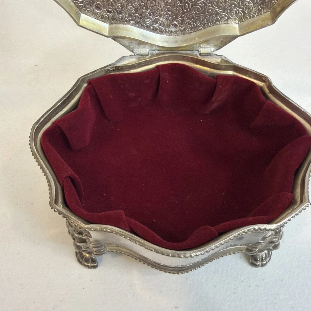 Vintage Silver Plated Jewelry Trinket Box Lion Feet British Royal Coat of Arms